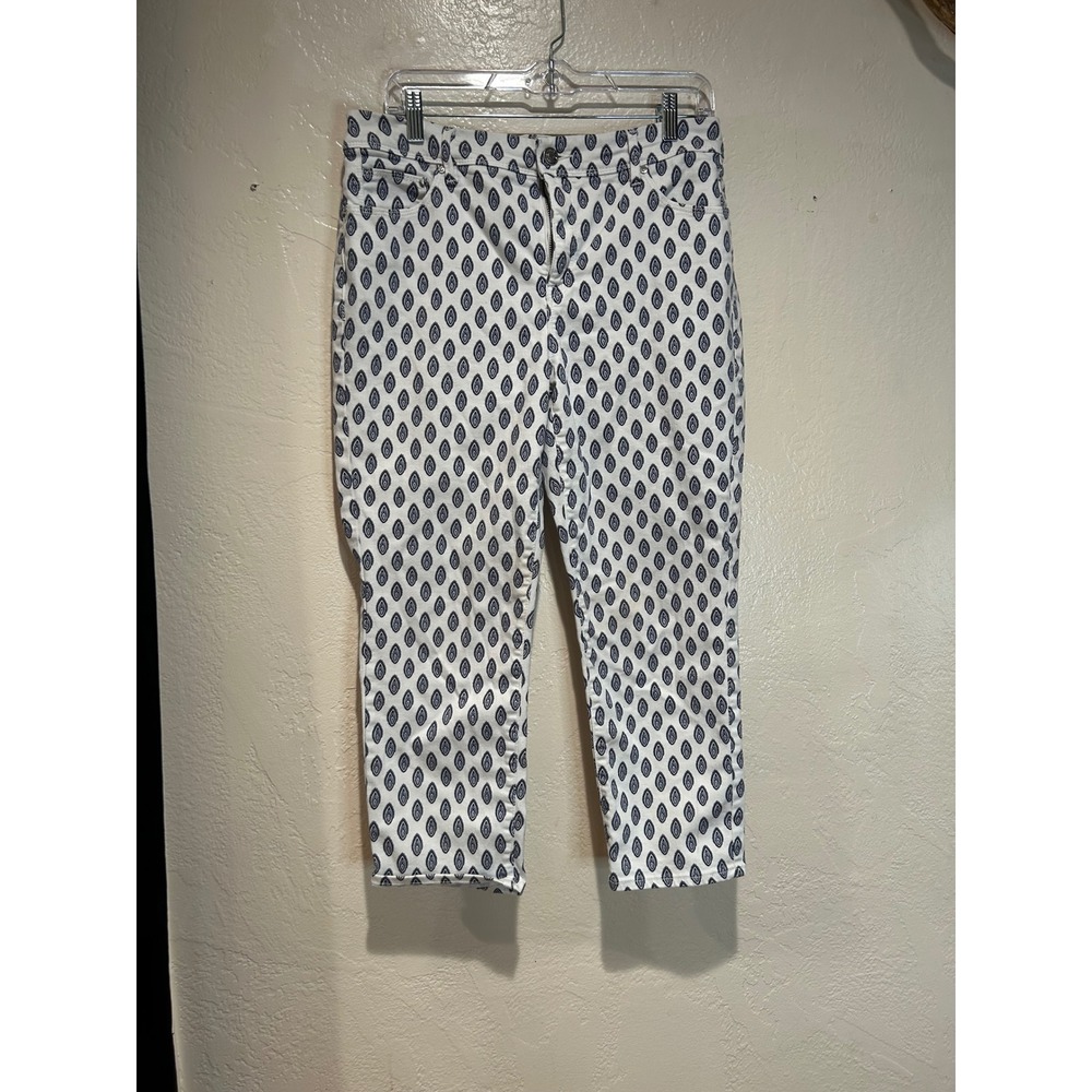 Chicos So Slimming Girlfriend Crop Pants White Blue Ikat Print Size 1